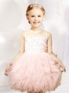 Hot Selling Baby Pink Tulle Zipper Scoop Sleeveless Mini Length Flower Girl Dresses Appliques and Ruffles