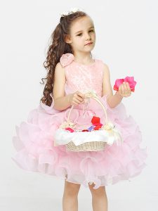 Super Pink Ball Gowns Organza Scoop Sleeveless Lace and Ruffles Mini Length Zipper Flower Girl Dresses for Less