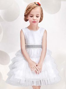 Dramatic White Tulle Zipper Scoop Sleeveless Mini Length Toddler Flower Girl Dress Ruffled Layers and Sequins and Bowkno