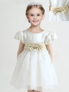 Custom Designed Organza Scoop Short Sleeves Zipper Bowknot Flower Girl Dress in White