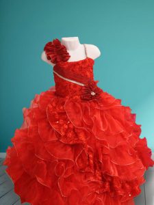 Low Price Organza Sleeveless Floor Length Flower Girl Dresses and Beading and Ruffles and Hand Made Flower
