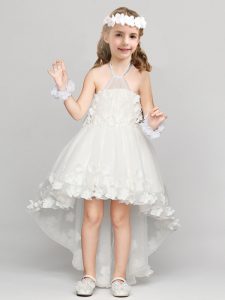 Stylish White A-line Halter Top Sleeveless Organza High Low Zipper Appliques and Bowknot Flower Girl Dress