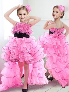 Dynamic Straps Rose Pink Organza Zipper Flower Girl Dresses Sleeveless High Low Beading and Ruffles and Belt