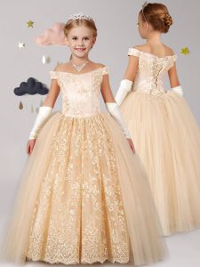 Exquisite Champagne Off The Shoulder Lace Up Lace Toddler Flower Girl Dress Cap Sleeves