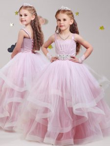 Adorable Baby Pink Straps Neckline Beading and Ruffles Flower Girl Dress Sleeveless Lace Up