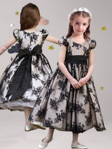 Scoop Short Sleeves Flower Girl Dresses Tea Length Sashes ribbons Black Lace