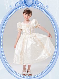 Low Price Scoop White Short Sleeves Beading Tea Length Flower Girl Dresses for Less