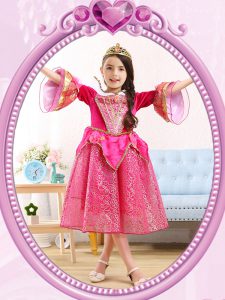Beautiful Scoop Hot Pink A-line Sequins Flower Girl Dresses Zipper Sequined 3 4 Length Sleeve Tea Length