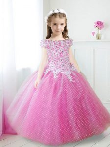 Fashionable Tulle Off The Shoulder Cap Sleeves Zipper Beading and Appliques Flower Girl Dress in Hot Pink