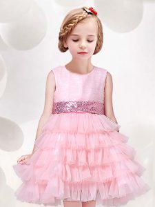 Scoop Sleeveless Toddler Flower Girl Dress Mini Length Ruffled Layers and Sequins and Bowknot Baby Pink Tulle
