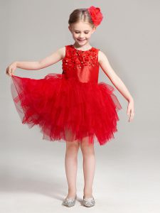 Most Popular Red A-line Tulle Scoop Sleeveless Appliques and Ruffles Mini Length Zipper Flower Girl Dress