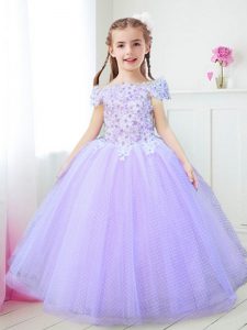 Off The Shoulder Cap Sleeves Toddler Flower Girl Dress Floor Length Beading and Appliques Lavender Tulle