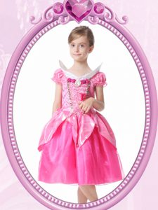 Hot Pink A-line Organza V-neck Short Sleeves Beading and Hand Made Flower Knee Length Clasp Handle Flower Girl Dress