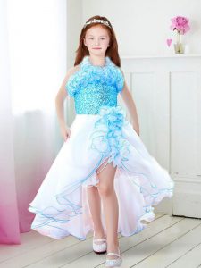 White and Aqua Blue Halter Top Zipper Ruffles Flower Girl Dresses for Less Sleeveless