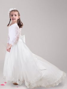 Discount White Empire Tulle Scoop Long Sleeves Lace and Bowknot With Train Zipper Flower Girl Dresses for Less Brush Tra