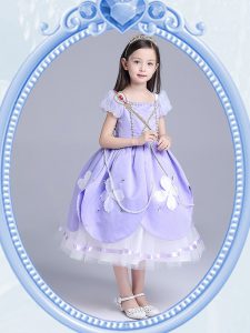 Exceptional Lavender Zipper Square Beading and Appliques Flower Girl Dress Taffeta and Tulle Short Sleeves