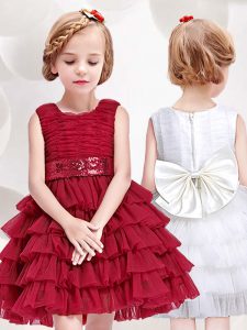 Scoop Sequins Ruffled Mini Length A-line Sleeveless Red Flower Girl Dresses Zipper