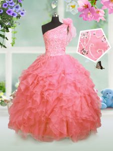 Elegant One Shoulder Sleeveless Floor Length Beading and Ruffles Lace Up Little Girls Pageant Dress with Watermelon Red