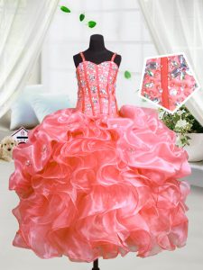 Sumptuous Floor Length Ball Gowns Sleeveless Watermelon Red Little Girl Pageant Dress Lace Up