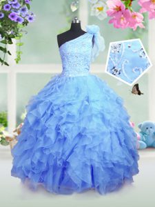 Ball Gowns Winning Pageant Gowns Baby Blue One Shoulder Organza Sleeveless Floor Length Lace Up
