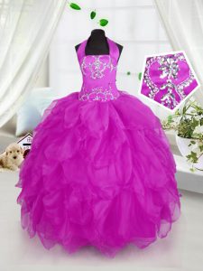 Sumptuous Halter Top Organza Sleeveless Floor Length Kids Pageant Dress and Appliques and Ruffles