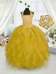 Delicate Halter Top Sleeveless Beading and Ruffles Lace Up Pageant Dress for Womens