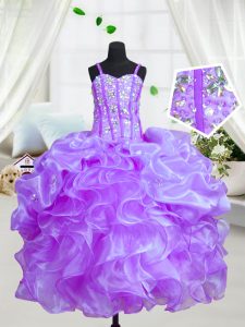 Floor Length Eggplant Purple Little Girls Pageant Dress Organza Sleeveless Beading and Ruffles
