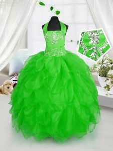 Lovely Halter Top Appliques and Ruffles Little Girls Pageant Dress Lace Up Sleeveless Floor Length