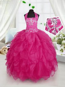 Luxury Halter Top Fuchsia Sleeveless Floor Length Appliques and Ruffles Lace Up Kids Pageant Dress