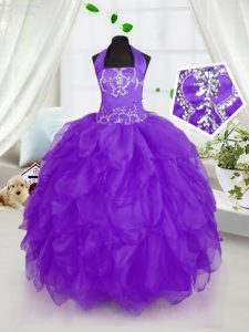 Decent Halter Top Purple Ball Gowns Appliques and Ruffles Child Pageant Dress Lace Up Organza Sleeveless Floor Length