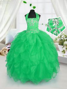 Halter Top Apple Green Sleeveless Organza Lace Up Pageant Dress Womens for Party and Wedding Party