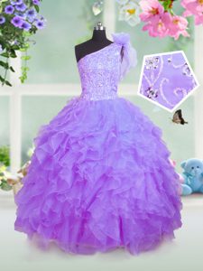 One Shoulder Lavender Ball Gowns Beading and Ruffles Child Pageant Dress Lace Up Organza Sleeveless Floor Length