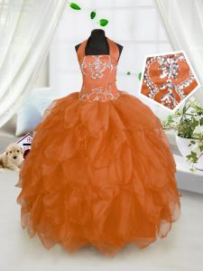 Beautiful Halter Top Beading and Ruffles Kids Formal Wear Orange Red Lace Up Sleeveless Floor Length