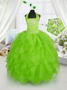 Classical Halter Top Sleeveless Floor Length Beading and Ruffles Lace Up Kids Formal Wear