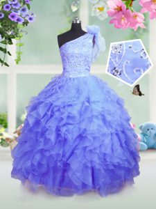 Blue Organza Lace Up One Shoulder Sleeveless Floor Length Pageant Dress for Girls Beading and Ruffles