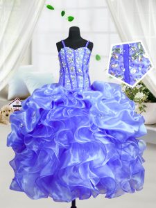 Colorful Baby Blue Organza Lace Up Spaghetti Straps Sleeveless Floor Length Pageant Gowns For Girls Beading and Ruffles