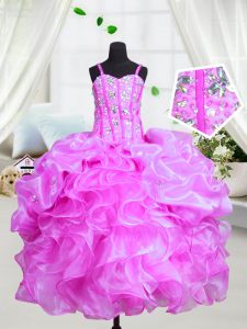 Purple Ball Gowns Beading and Ruffles Little Girls Pageant Gowns Lace Up Organza Sleeveless Floor Length
