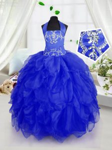 Latest Royal Blue Halter Top Neckline Appliques and Ruffles High School Pageant Dress Sleeveless Lace Up