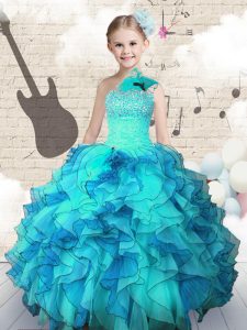 Aqua Blue High School Pageant Dress Party and Wedding Party and For with Beading and Ruffles One Shoulder Sleeveless Lac