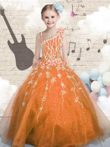 Orange Sleeveless Floor Length Appliques Lace Up Kids Formal Wear