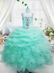 Sleeveless Organza Floor Length Lace Up Pageant Dress Wholesale in Baby Blue with Beading and Ruffles and Pick Ups