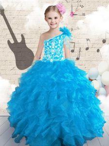 Clearance One Shoulder Baby Blue Sleeveless Organza Lace Up Kids Formal Wear for Party and Wedding Party
