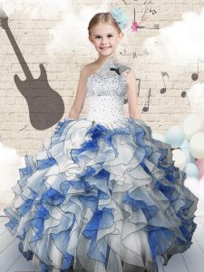 Floor Length Blue And White Little Girl Pageant Dress One Shoulder Sleeveless Lace Up