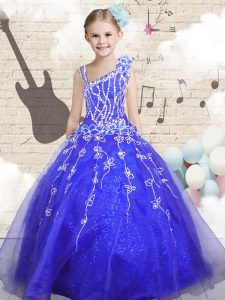 Beading and Appliques and Hand Made Flower Winning Pageant Gowns Blue Lace Up Sleeveless Floor Length