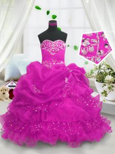 Glamorous Pick Ups Ruffled Floor Length Ball Gowns Sleeveless Fuchsia Kids Formal Wear Lace Up