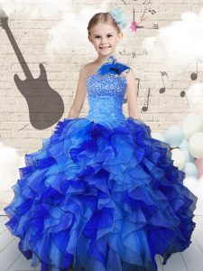 Navy Blue Organza Lace Up Pageant Gowns For Girls Sleeveless Floor Length Beading and Ruffles