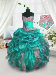 Wonderful Turquoise Ball Gowns Beading and Ruffles and Pick Ups Little Girls Pageant Gowns Lace Up Organza Sleeveless Fl
