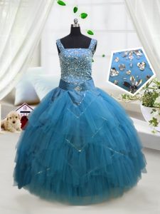 Aqua Blue Lace Up Little Girl Pageant Dress Beading and Ruffles Sleeveless Floor Length