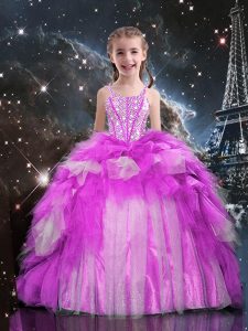 Pretty One Shoulder Sleeveless Tulle Floor Length Lace Up Kids Formal Wear in Fuchsia with Beading and Ruffled Layers