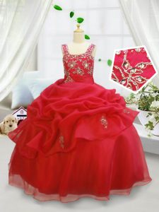 Sleeveless Organza Floor Length Lace Up Pageant Dress for Girls in Coral Red with Beading and Pick Ups